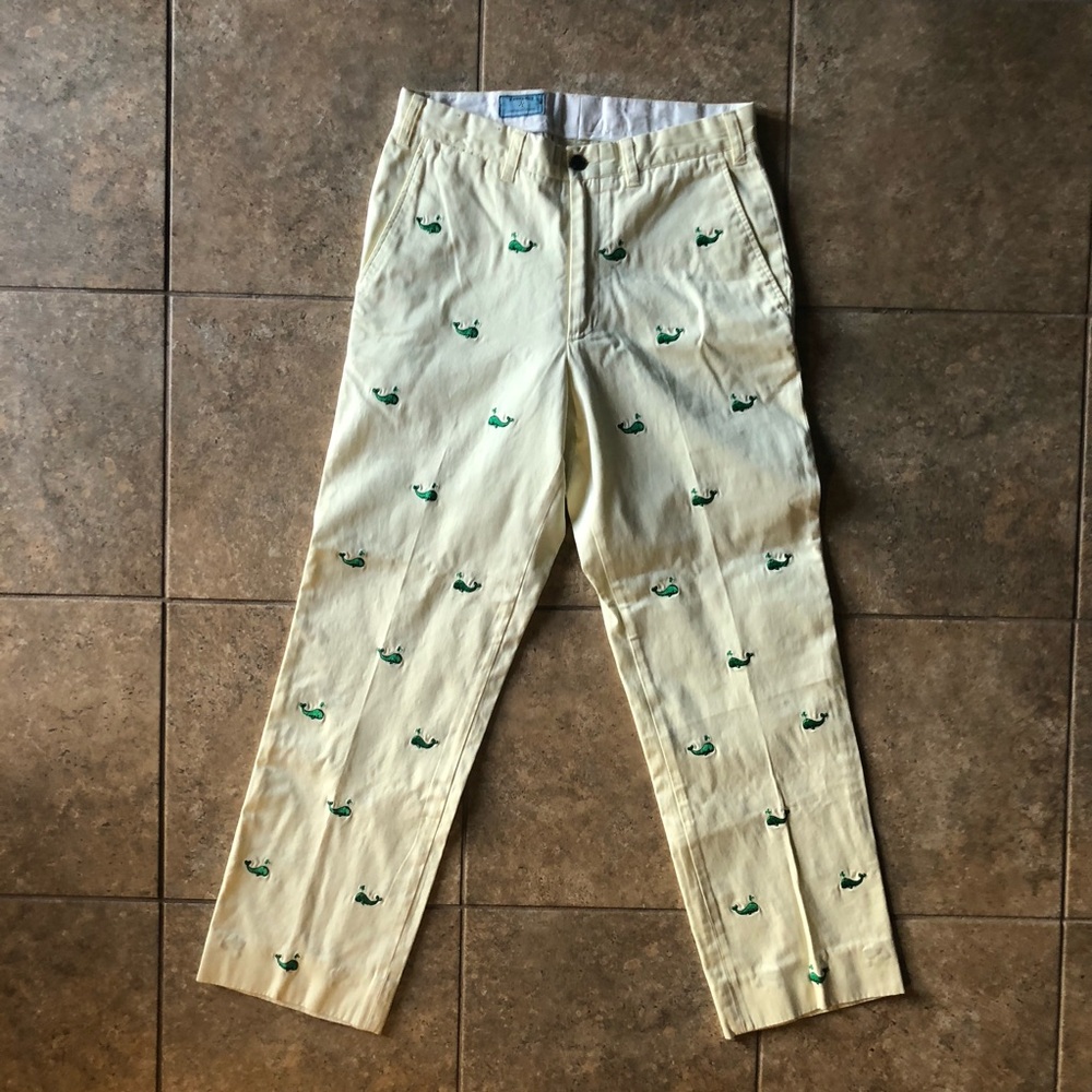 Castaway men’s Yellow Chinos with Green Whale Embroidery